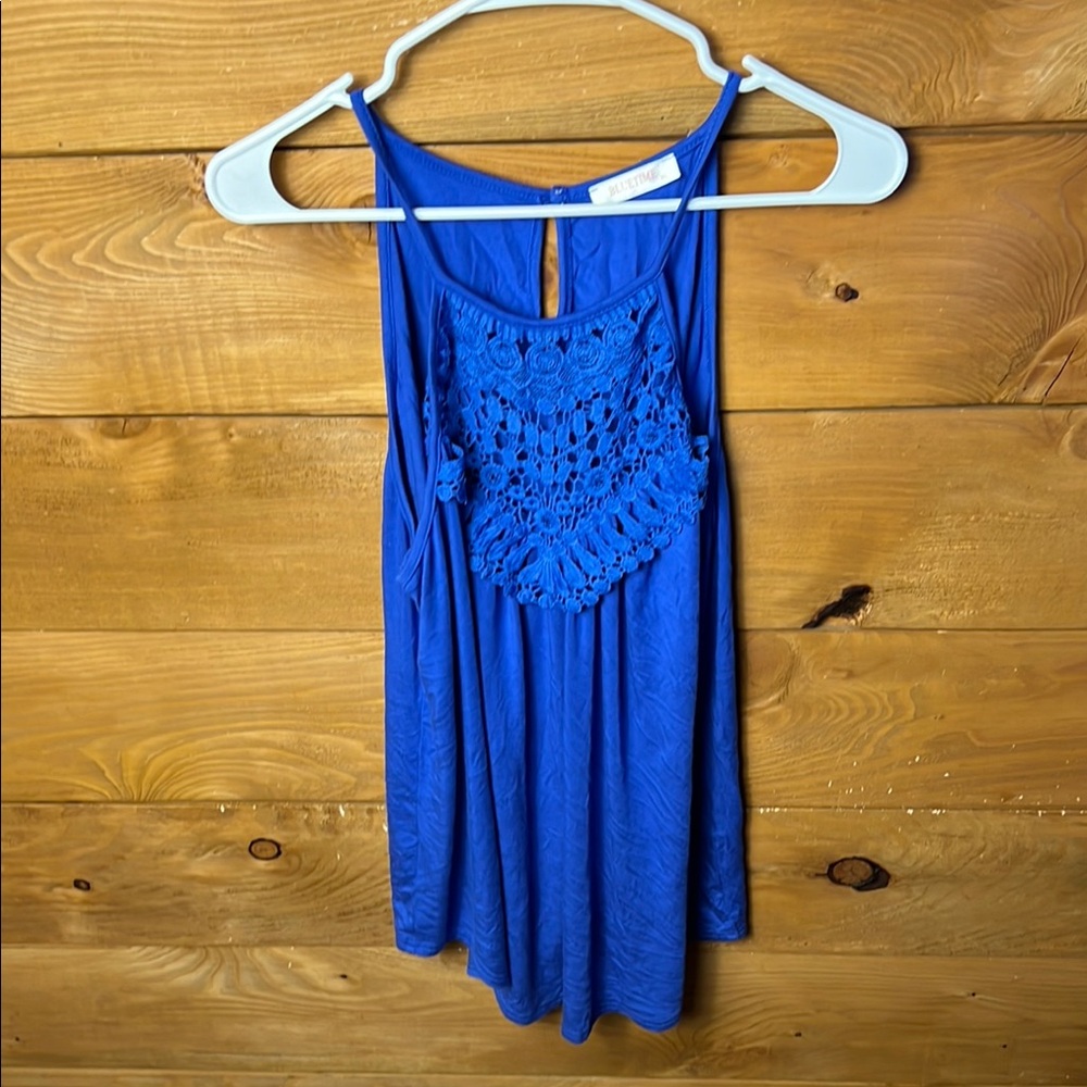 Blue time women’s Blue see through Crochet Detail Tank‎ Top XL Sleeveless Summer